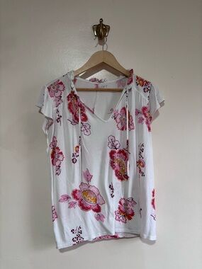 LOFT White Floral V-Neck Tie-Front Cap Sleeve Top - Pink Print